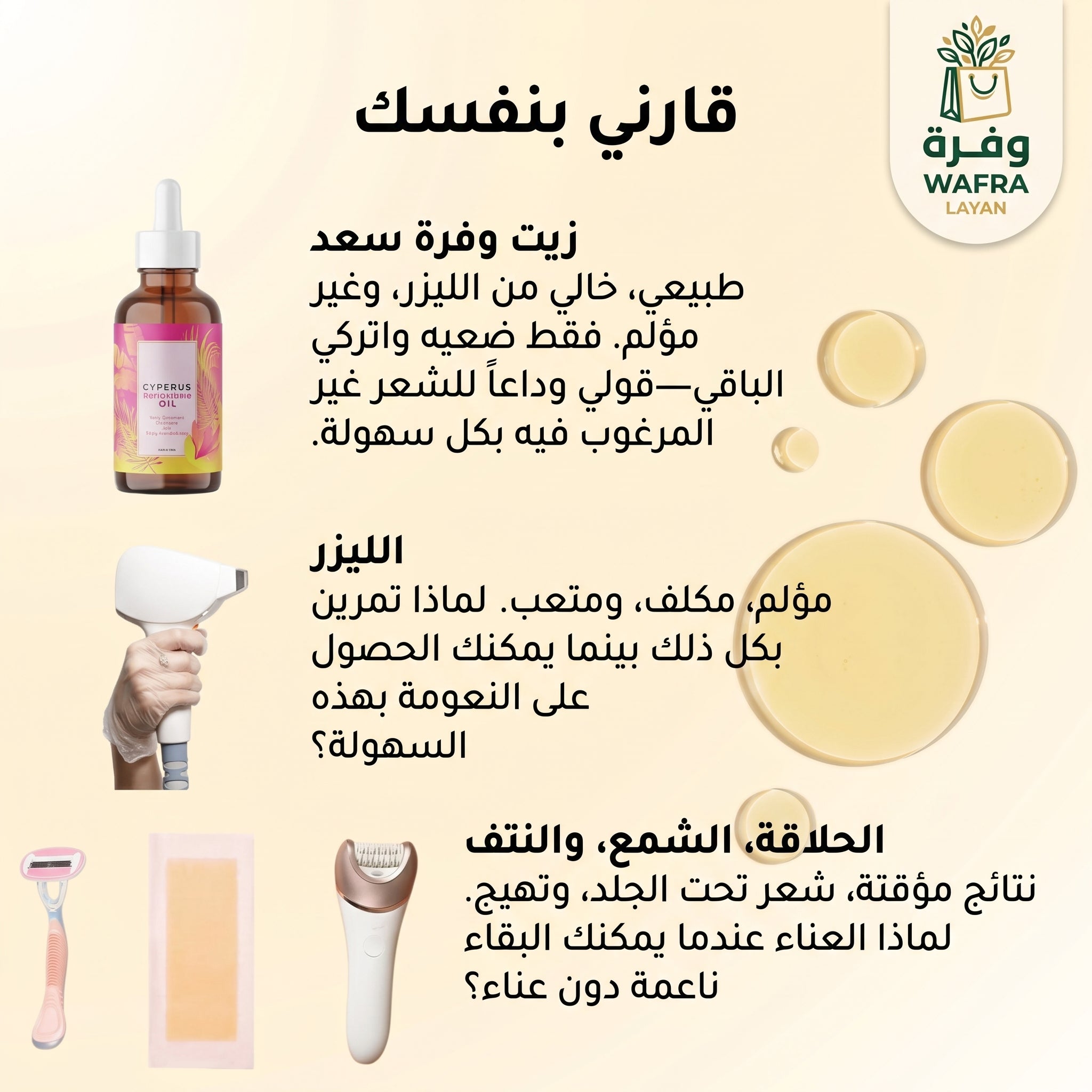مقارنة زيت السعد مع الليزر والحلاقة والشمع